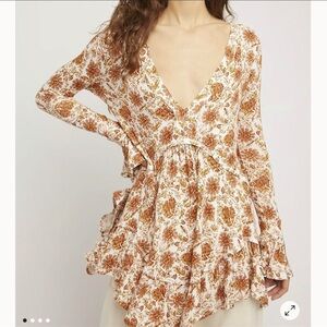 Free People S Ivory Brown Floral Olivia Jersey Knit Tunic Top Dress